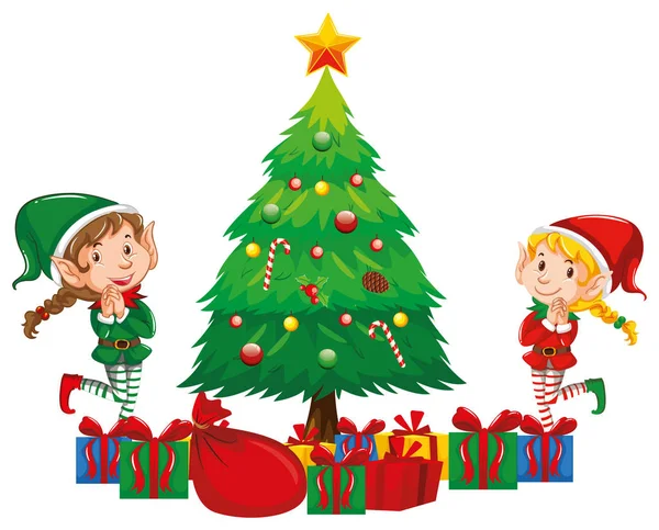 Dos elfos de Navidad y árbol de Navidad — Archivo Imágenes Vectoriales
