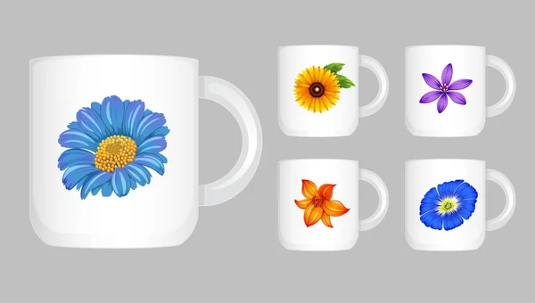 Fem kaffekoppar med blomster grafik — Stock vektor