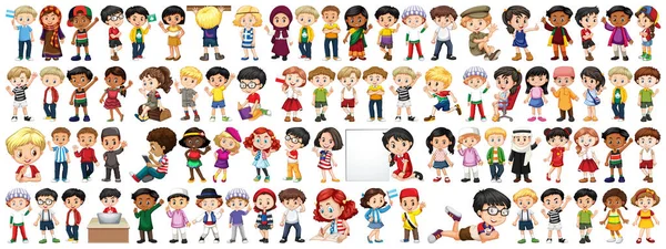 Crianças com nacionalidades diferentes em fundo branco — Vetor de Stock