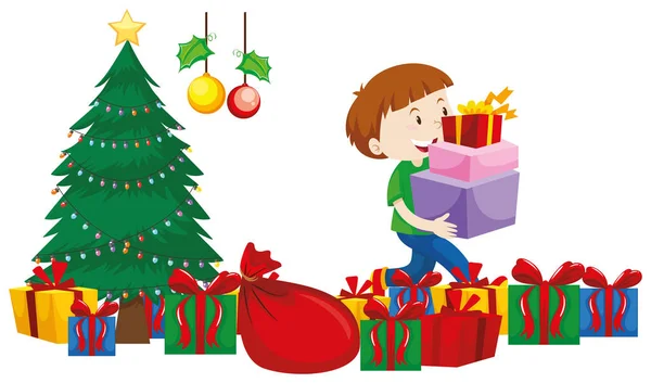 Niño con cajas de regalo bajo el árbol de Navidad — Archivo Imágenes Vectoriales