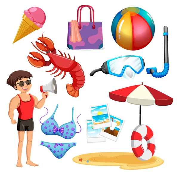 Conjunto de objetos aislados tema vacaciones de verano — Vector de stock