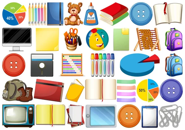 Assortiment d'objets et jouets de bureau, de maison et d'école isolat — Image vectorielle