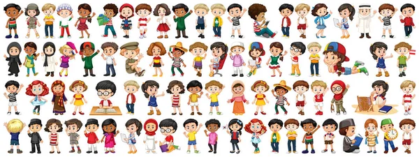 Kinder mit verschiedenen Nationalitäten auf weißem Hintergrund — Stockvektor