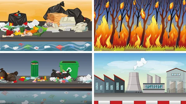 Set of polluted scenes — Stock Vector