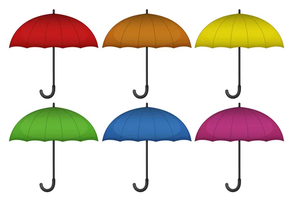 Umbrellas in six different colors on white background — Stock Vector