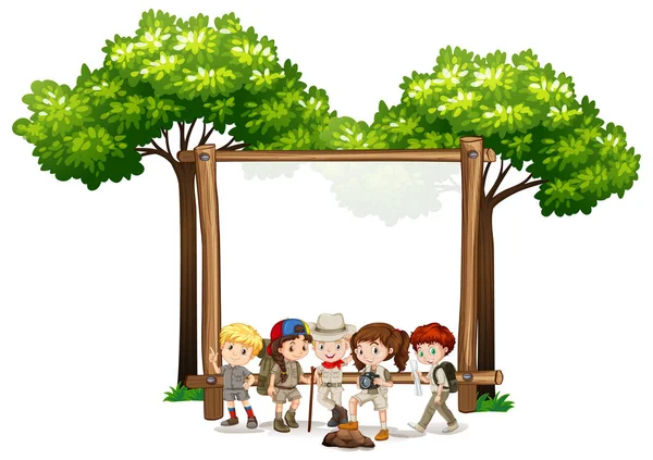 Plantilla de signo en blanco con niños y árboles — Vector de stock