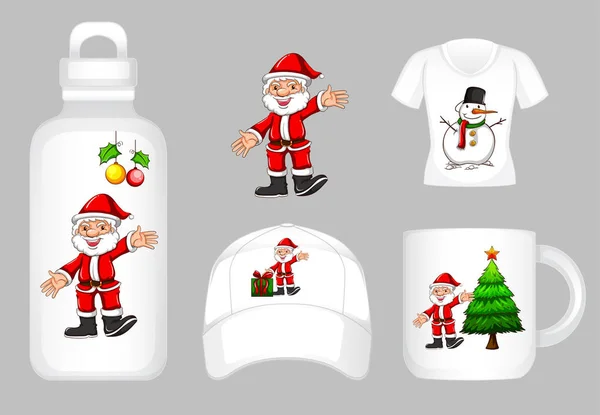 Design gráfico em diferentes produtos com Santa e Natal — Vetor de Stock