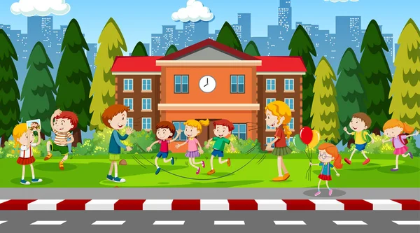 Enfants actifs jouant dans la scène extérieure — Image vectorielle
