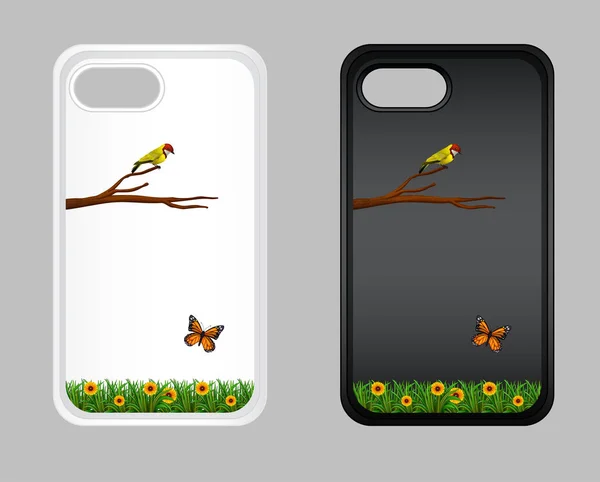 Grafikdesign auf Handyhülle mit Vogel und Schmetterling — Stockvektor