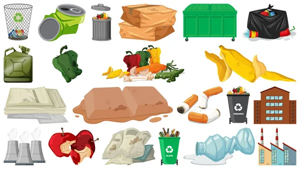 Polusi, sampah, sampah dan benda-benda sampah terisolasi - Stok Vektor