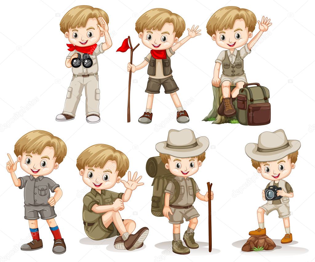 Boy in outdoor outfit doing different things