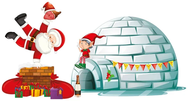 Jultomten och Elf på Igloo — Stock vektor