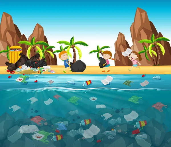 Okyanusta plastik torbalar ile su kirliliği — Stok Vektör