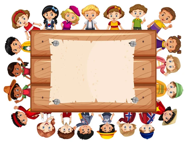 Banner sjabloonontwerp met veel kinderen rond houten bord — Stockvector