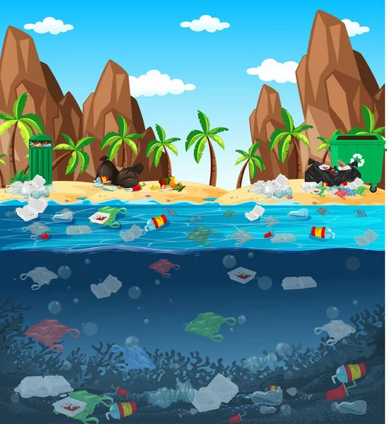Water pollution with plastic bags in ocean — Stock Vector
