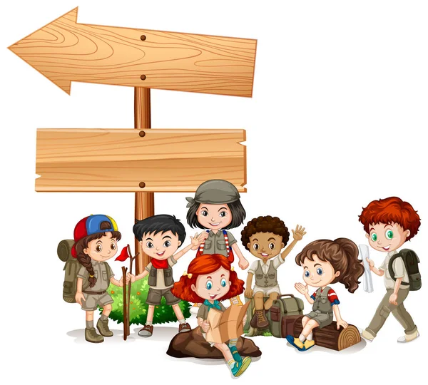 Diseño de plantilla de banner con niños y flecha de madera — Vector de stock