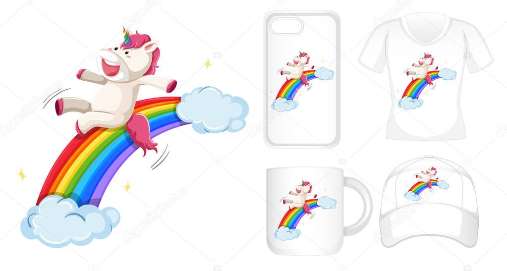 Graphic design on different products with unicorn on rainbow