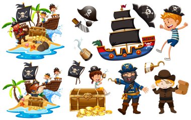 Set of pirates with ship and gold clipart