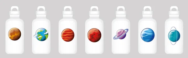 Water bottle design with different planets — Stock Vector