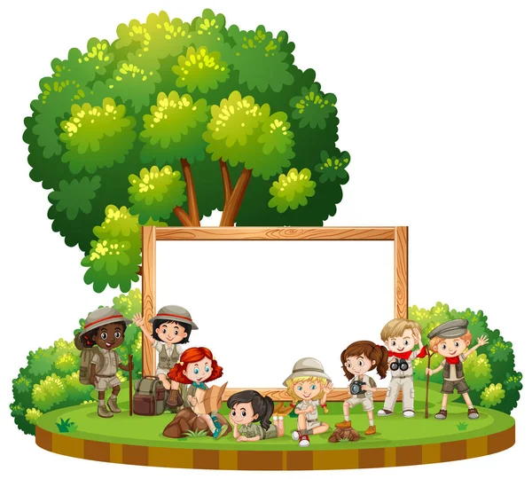 Modèle de panneau vierge avec enfants en tenue de plein air — Image vectorielle