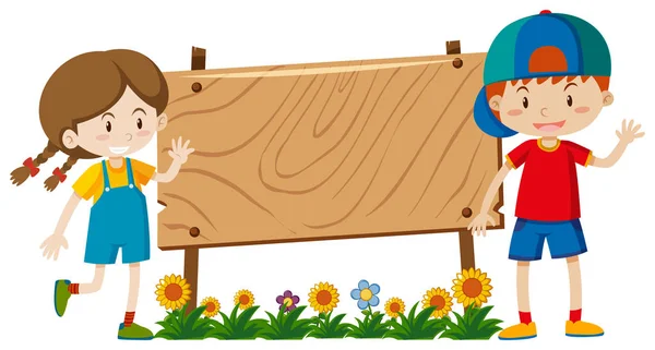 Design de modelo de bandeira com menino e menina no jardim —  Vetores de Stock
