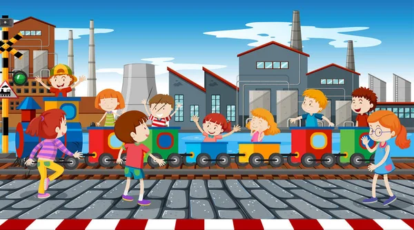 Niños activos jugando en escena al aire libre — Vector de stock