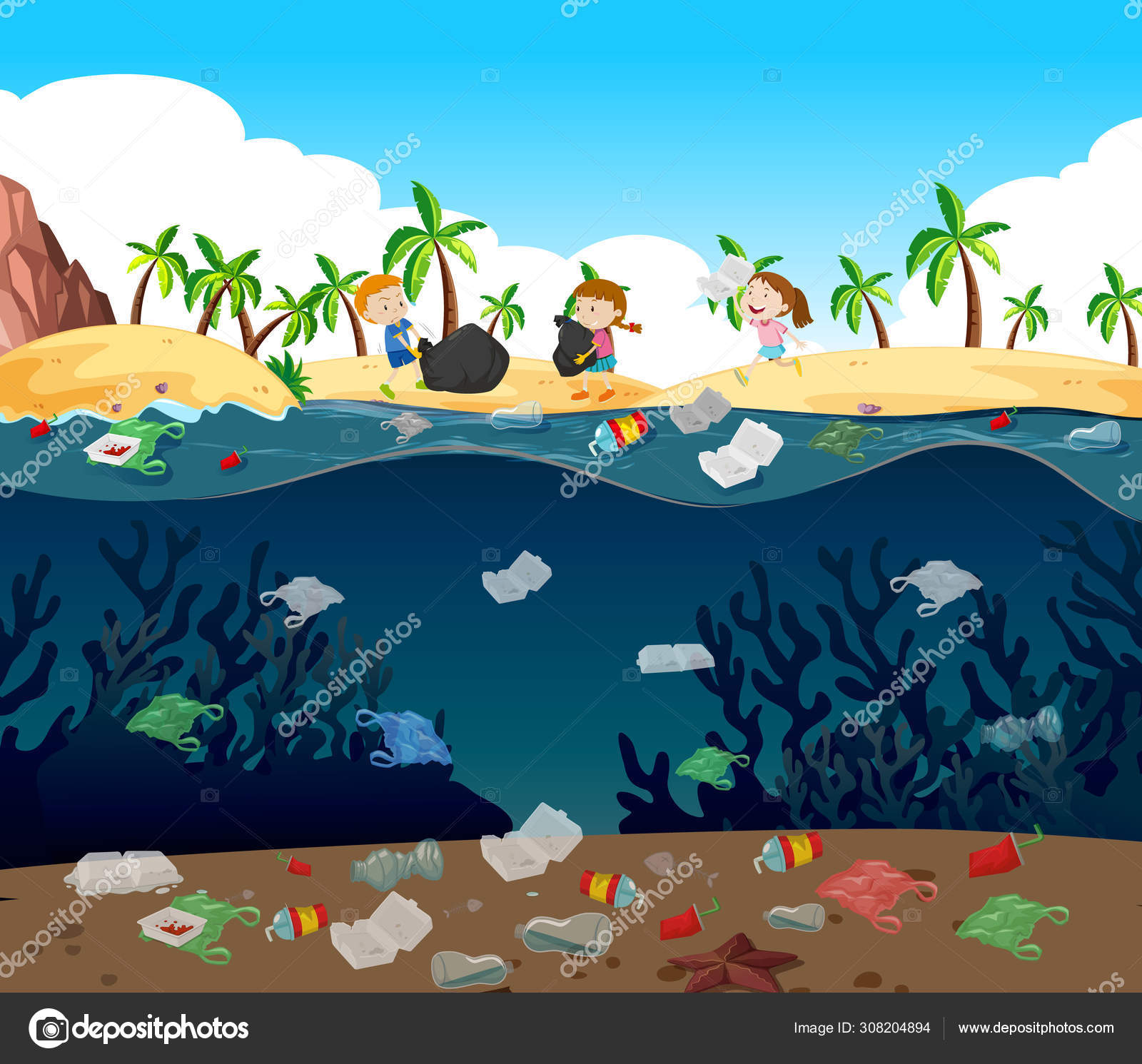 Water pollution with plastic bags in ocean Stock Vector Image by  ©blueringmedia #308204894