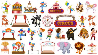 Karışık hayvanlar, insanlar, palyaçolar ve ri ile büyük sirk koleksiyonu