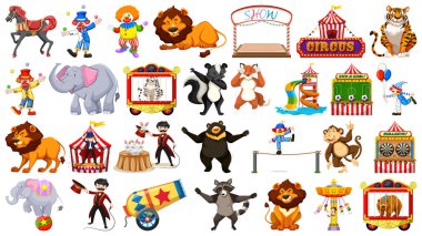 Hayvan sürmek ve palyaçolar izole arka planda sirk seti