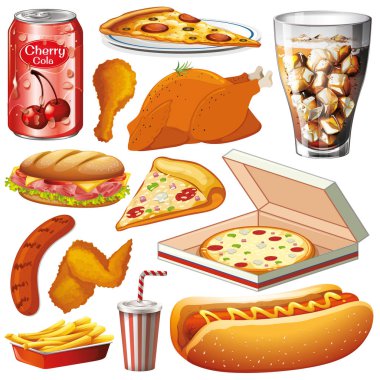 Beyaz arka planda farklı türde gıda seti