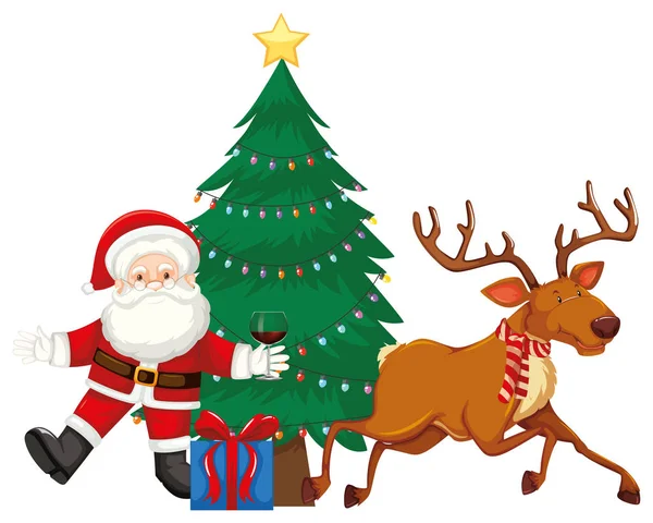 Weihnachtsmann und Rentier am Weihnachtsbaum — Stockvektor