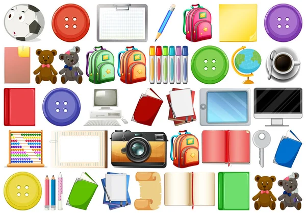 Assortment of household and educational objects on white — Stock Vector