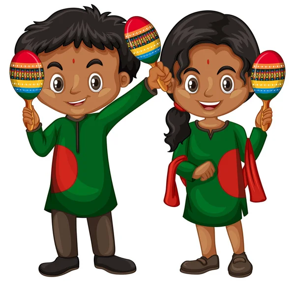 Junge und Mädchen im indischen Kostüm mit Shakern — Stockvektor