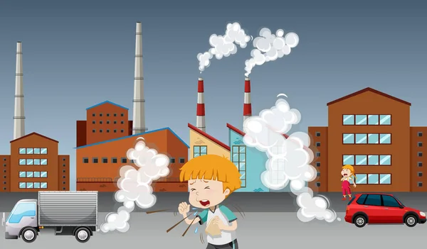 Global Warming poster met Kid en fabriek — Stockvector
