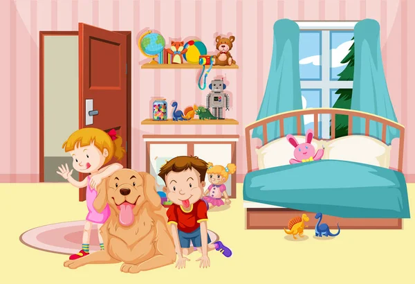 Barn och sällskapsdjur hund i sovrummet — Stock vektor