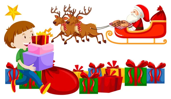 Junge und Weihnachtsgeschenke auf weißem Hintergrund — Stockvektor