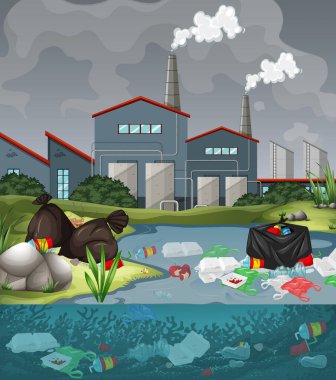 Nehirde plastik torbalar ile su kirliliği