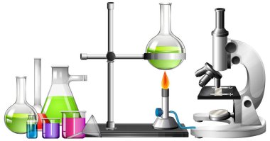 Beyaz arkaplanda bir dizi bilim ekipmanı