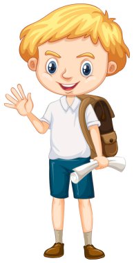 Kahverengi sırt çantalı mutlu bir çocuk.