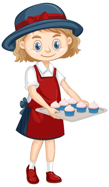 One happy girl with try of cupcakes — Stock Vector