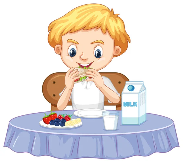 En glad pojke äter frukost — Stock vektor