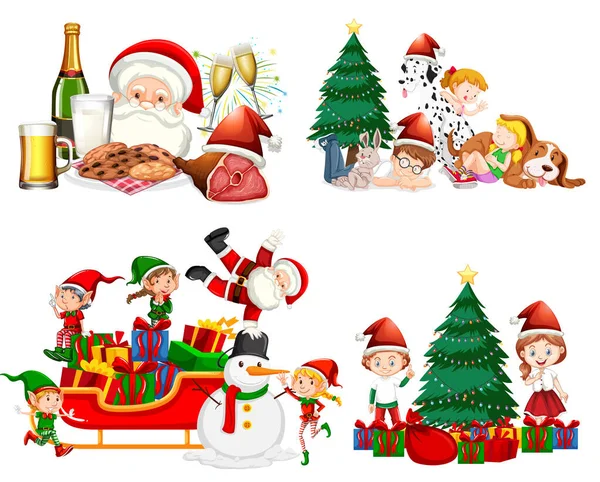 Christmas set with Santa and children — Stock Vector