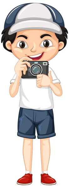디지털카메라를 가진 행복 한 소년 — 스톡 벡터