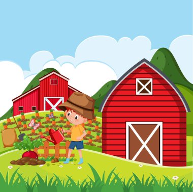 Çiftlik illüstrasyonunda çocuk sulama bitkisi olan bir çiftlik sahnesi.