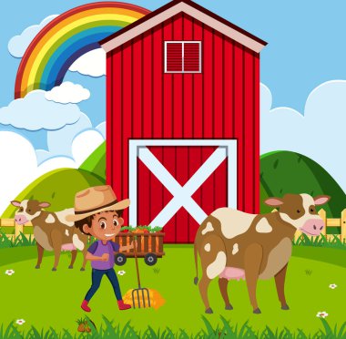 Çiftlik çocuğu ve ineklerin olduğu çiftlik sahnesi.