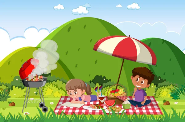 Szene Mit Glücklichen Kindern Beim Essen Park Illustration — Stockvektor