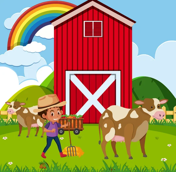 Αγροτική Σκηνή Αγροτόπαιδο Και Αγελάδες Στην Εικόνα Αγρόκτημα — Διανυσματικό Αρχείο