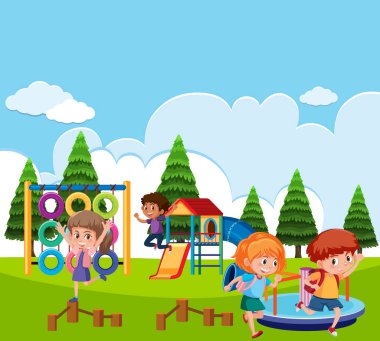 Park illüstrasyonunda çocukların oynadığı sahne