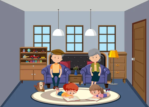 Background scene with old people and children at home illustration