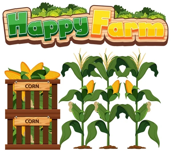 Font Design Happy Farm Fresh Corn White Background Illustration — Stock Vector